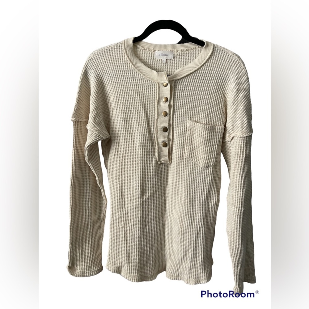 bohme Cream Waffle Knit Button-Down Long Sleeve Top